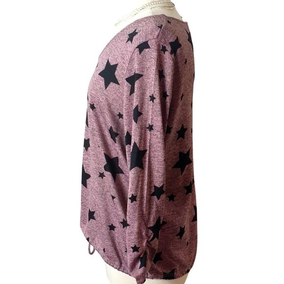 Olivia Blu Knit Tie Front Top L Burgundy Black Stars Cinch LS Boho Y2K Casual - Picture 4 of 6